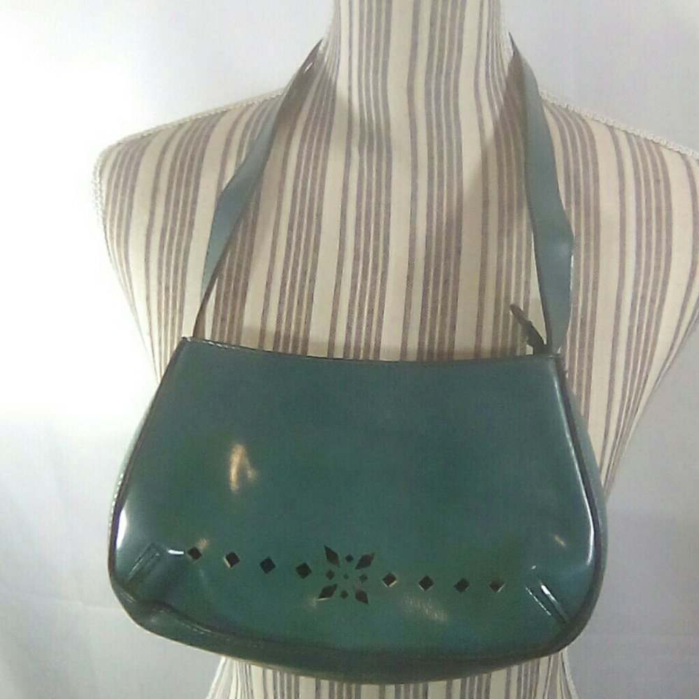 Vintage MONDANI NY Green/Blue Cut Out Leather Shoulder Bag Pockerbook Purse